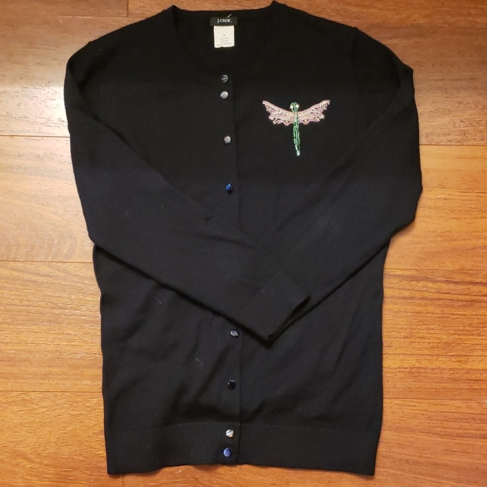 Jcrew navy cardigan with beaded dragon fly detail